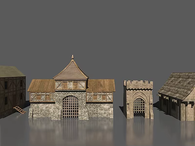 Historical Building Models With Ancient Stone Wood Structures Tower Gate And Gabled Roof 3d model