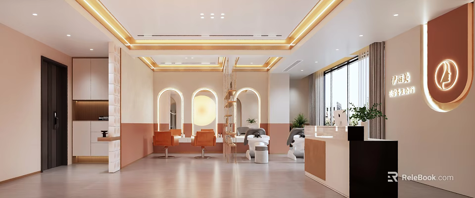 Modern Beauty Hair Salon Interior With Warm Pink Beige Tones Arched Doorways And Orange Chairs 3d model 