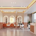 Modern Beauty Hair Salon Interior With Warm Pink Beige Tones Arched Doorways And Orange Chairs