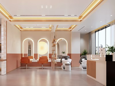Modern Beauty Hair Salon Interior With Warm Pink Beige Tones Arched Doorways And Orange Chairs 3d model
