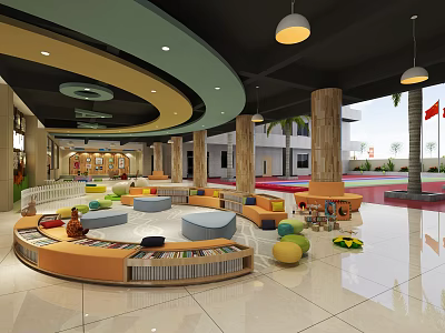 Kindergarten Interior With Circular Sofa Area Colorful Cushions Toys And Hanging Lights 3d model