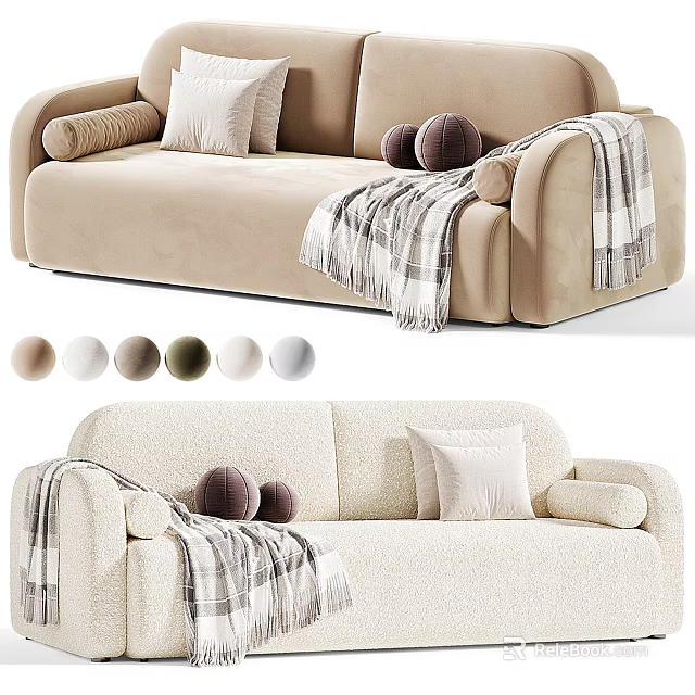 Modern Multi Seater Sofa Soft Upholstery With Plaid Blanket Pillows Balls Multiple Color Options 3d model 