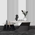 Modern White Marble Coffee Table with Black Base Vase Flowers Figurine Books Vertical Striped Wall