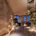 Unique Restaurant Interior Design With Cave Like Ceiling Blue Art Bar Counter And Black Stools