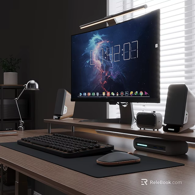 Modern Work Desk With Large Monitor Mechanical Keyboard Speakers Desk Lamp And Potted Plant 3d model 