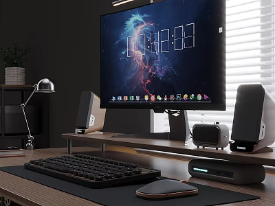 Modern Work Desk With Large Monitor Mechanical Keyboard Speakers Desk Lamp And Potted Plant 3d model