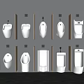 Various Urinal Designs and Styles Displayed on Wall in Modern Bathroom Setting 3d model