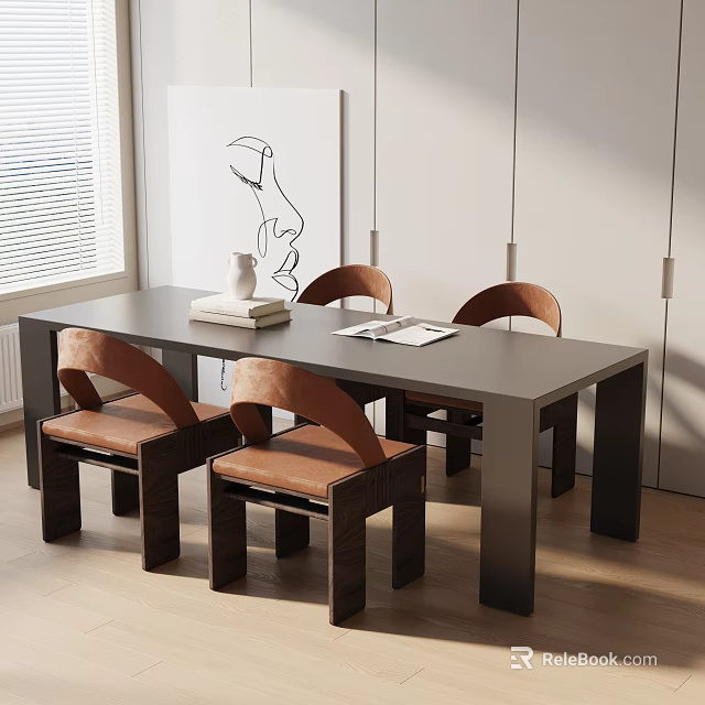 Dark Dining Table Set With Brown Leather Chairs White Walls And Window 3d model