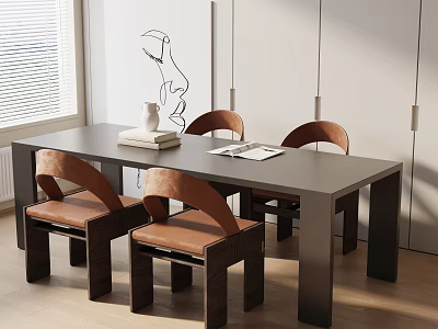 Dark Dining Table Set With Brown Leather Chairs White Walls And Window 3d model