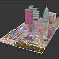 Colorful Cartoon City Scene With Various Buildings And Urban Street Layout