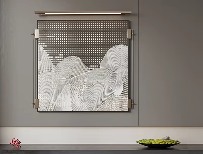 Gray Wall Decorative Art With Metal Frame Perforated Design And White Pattern Elements 3d model