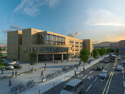 Modern Golden School Building With Glass Facade Trees Bicycles And Street Vehicles 3d model