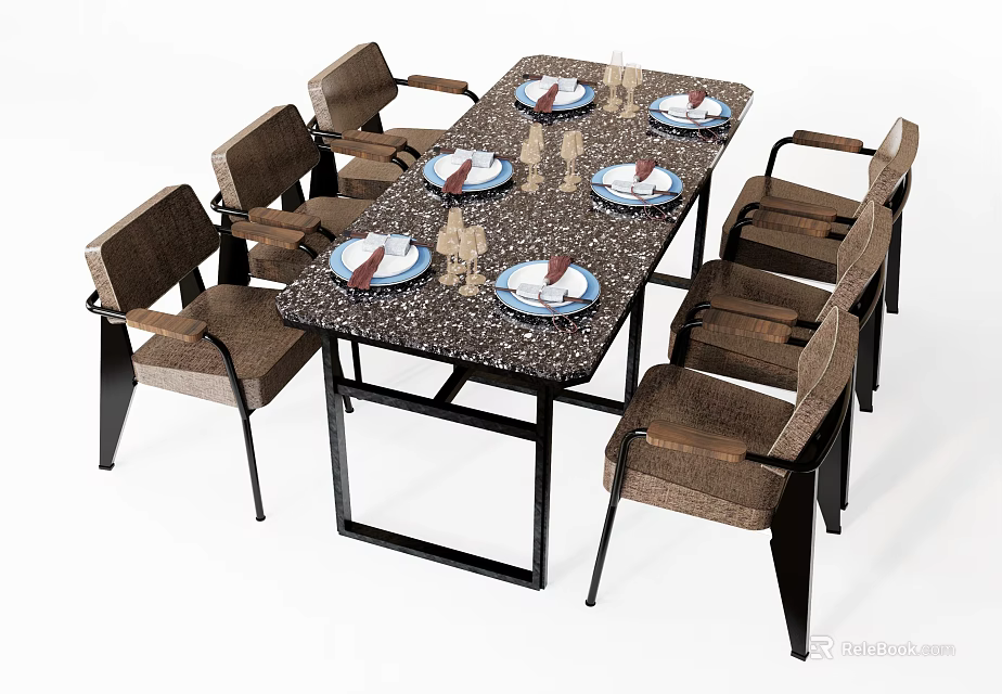 Rectangular Dining Set With Six Upholstered Chairs And Stone Tabletop With Plates 3d model