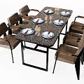 Rectangular Dining Set With Six Upholstered Chairs And Stone Tabletop With Plates 3d model