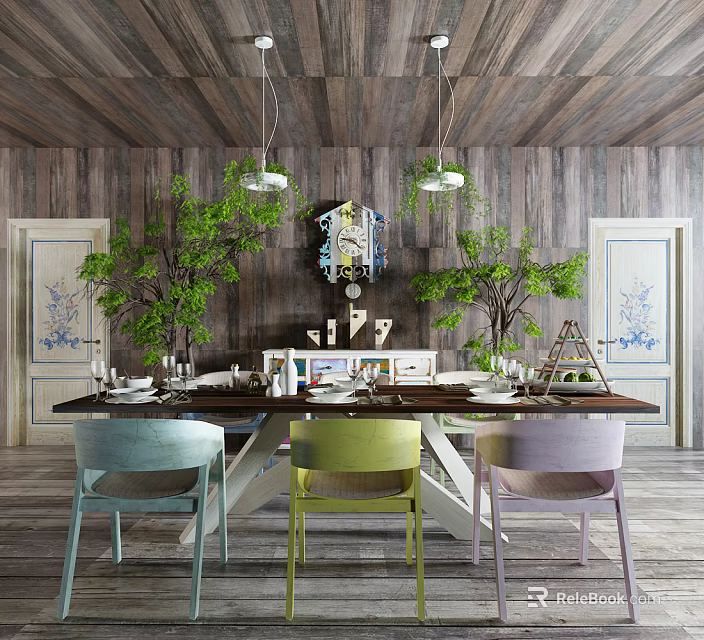 Dining Table Set With Colorful Chairs Wooden Walls Hanging Lights And Green Plants 3d model 