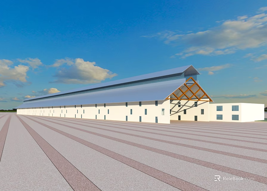 Modern Office Building Exterior With Blue Roof Design Large Windows And Open Plaza 3d model 