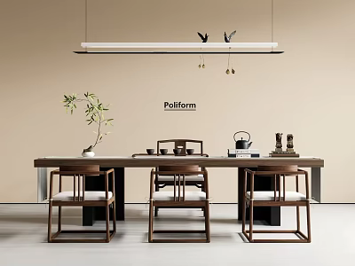 Modern Minimalist Tea Table and Upholstered Chairs with Tea Set Potted Plant and Hanging Light 3d model