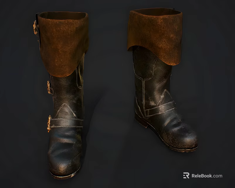 Vintage Leather Boots with Brown Rolled Cuffs and Metal Buckle Design 3d model 