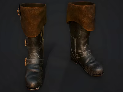 Vintage Leather Boots with Brown Rolled Cuffs and Metal Buckle Design 3d model