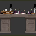 Wooden Writing Desk With Open Book Stacked Books Candles Small Bottles And Drawers