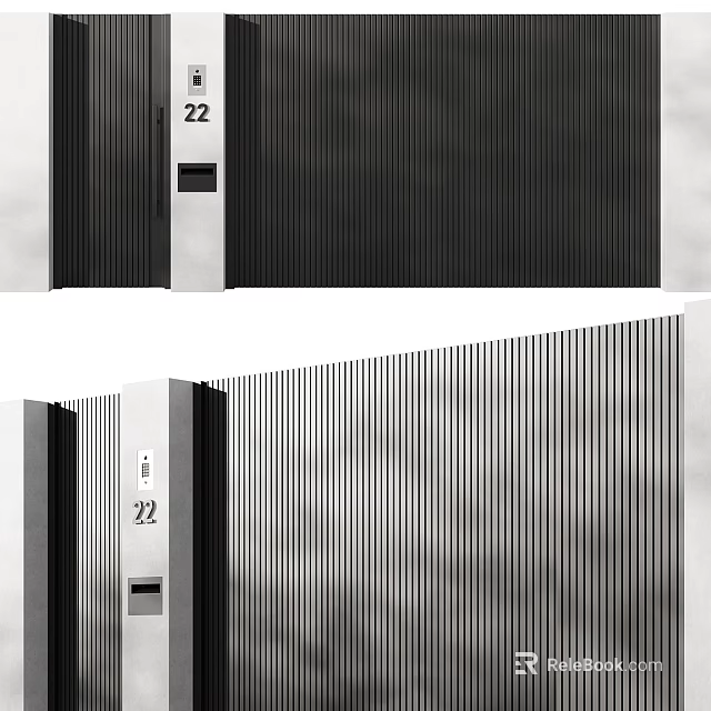 Modern Entrance Gate With Number 22 And Vertical Striped Metal Panels 3d model 