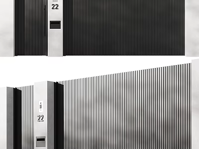 Modern Entrance Gate With Number 22 And Vertical Striped Metal Panels 3d model