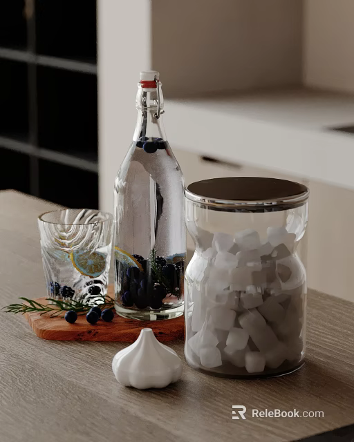 Kitchen Countertop With Wooden Tray Glass Bottle Fresh Blueberries Lemon Slices Ice Cubes And Rosemary 3d model 