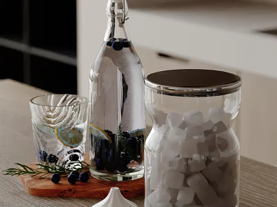 Kitchen Countertop With Wooden Tray Glass Bottle Fresh Blueberries Lemon Slices Ice Cubes And Rosemary 3d model
