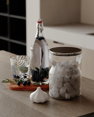 Kitchen Countertop With Wooden Tray Glass Bottle Fresh Blueberries Lemon Slices Ice Cubes And Rosemary 3d model
