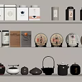 Traditional Teaware Collection With Tea Canisters And Cakes On Display Shelves