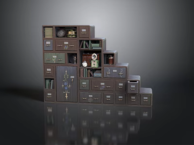 Dark Colored Step Like Multi Layer Storage Cabinet Furniture With Drawers And Compartments 3d model