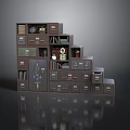 Dark Colored Step Like Multi Layer Storage Cabinet Furniture With Drawers And Compartments