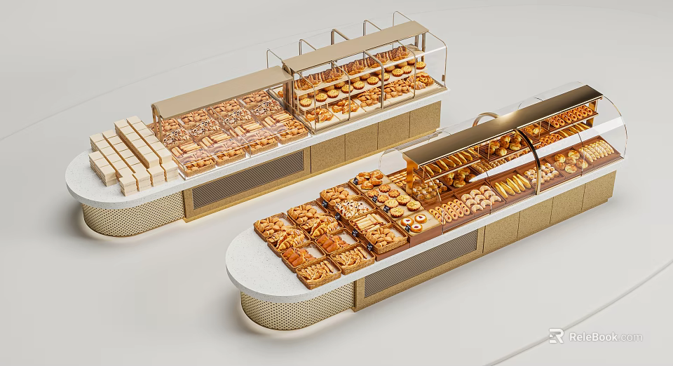 Modern Bakery Display Shelves With Glass Doors Gold Frames And Organized Bread Pastries Showcase 3d model 