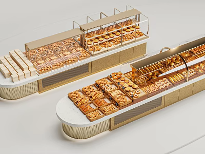 Modern Bakery Display Shelves With Glass Doors Gold Frames And Organized Bread Pastries Showcase 3d model