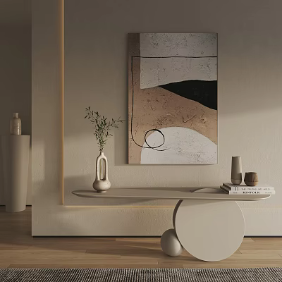 Modern Abstract Painting Featuring Geometric Shapes Soft Tones With Vase And Books On Minimalist Shelf 3d model