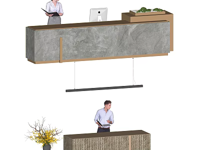 Modern Reception Desk With Gray Marble Surface Wooden Accents And Green Plants 3d model