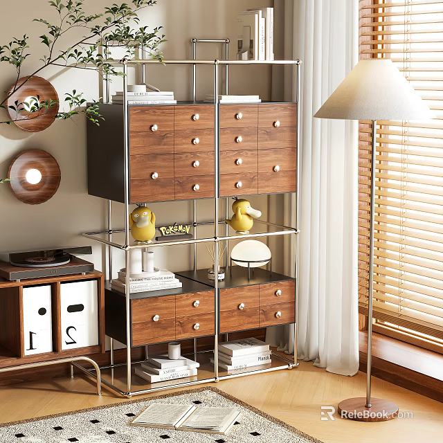 Stylish Bookcase With Open Shelves Wooden Drawers Metal Frame Books And Decorative Items 3d model 
