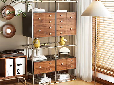Stylish Bookcase With Open Shelves Wooden Drawers Metal Frame Books And Decorative Items 3d model