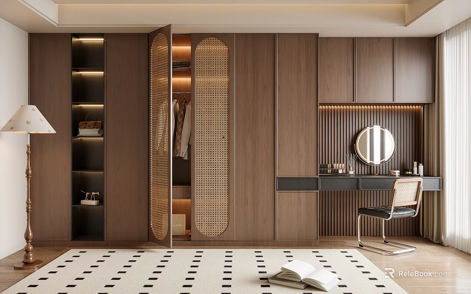 Modern Wooden Wardrobe Interior Design With Open Shelves And Hanging Space 3d model 