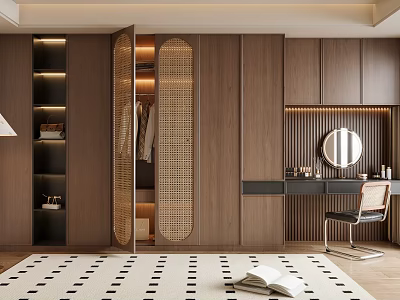 Modern Wooden Wardrobe Interior Design With Open Shelves And Hanging Space 3d model