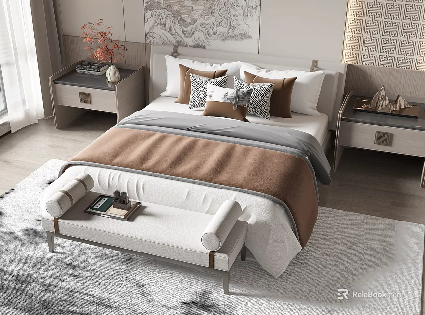 Modern Double Bed With Pillows Bench And Nightstands In Bedroom 3d model 