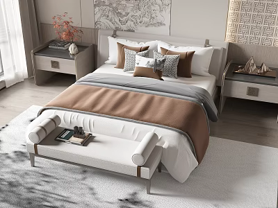 Modern Double Bed With Pillows Bench And Nightstands In Bedroom 3d model