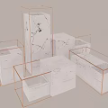 Bonsai Potted Plants Showcased On White Marble Stands With Copper Frames Various Heights And Shapes