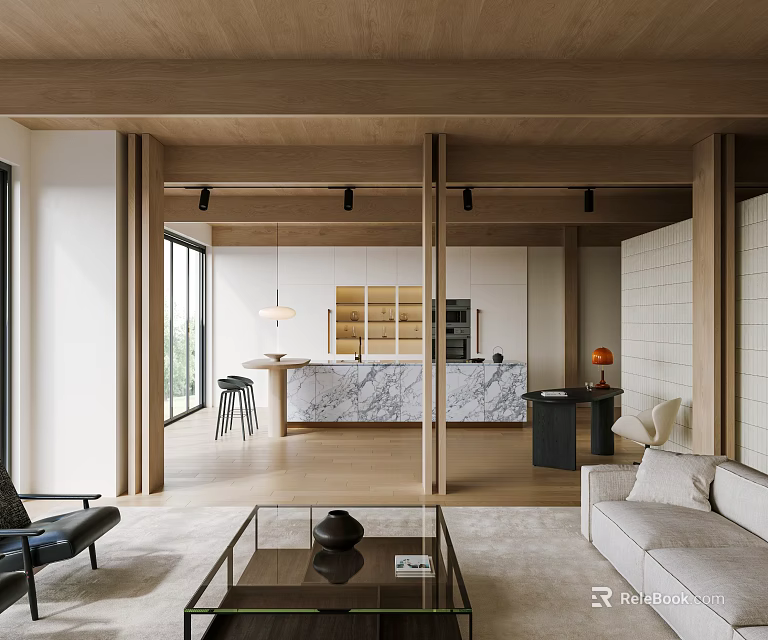 Modern Natural Living Dining Room Interior With Wooden Beams Marble Countertop And Open Layout 3d model 