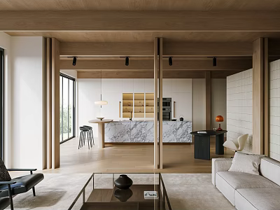 Modern Natural Living Dining Room Interior With Wooden Beams Marble Countertop And Open Layout 3d model