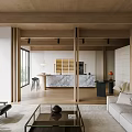 Modern Natural Living Dining Room Interior With Wooden Beams Marble Countertop And Open Layout
