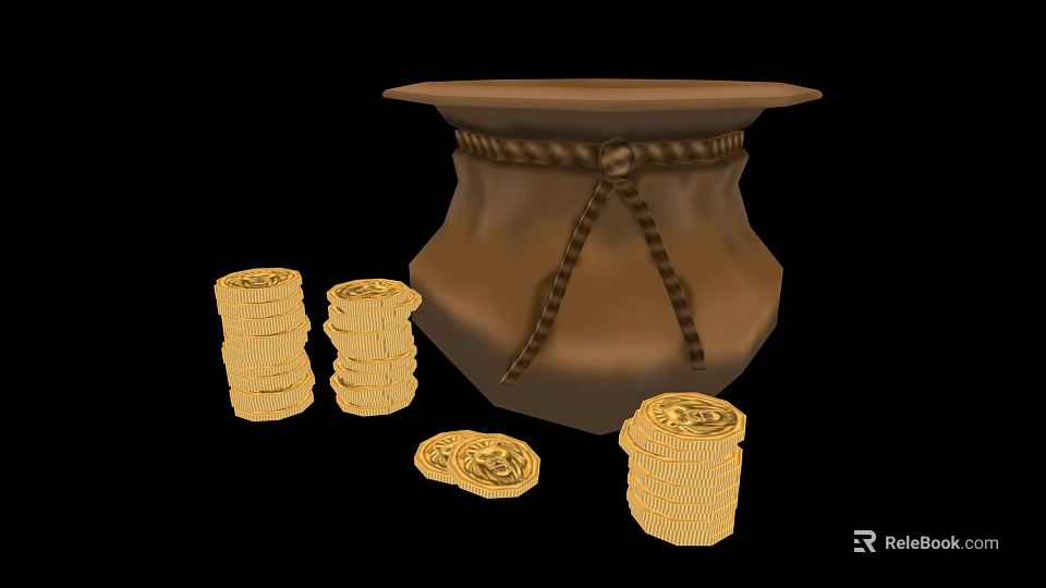 Beautiful Gold Coin Jewelry Display With Stacked Coins And Decorative Leather Pouch 3d model 