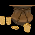 Beautiful Gold Coin Jewelry Display With Stacked Coins And Decorative Leather Pouch