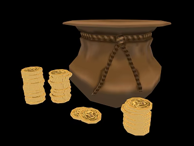 Beautiful Gold Coin Jewelry Display With Stacked Coins And Decorative Leather Pouch 3d model