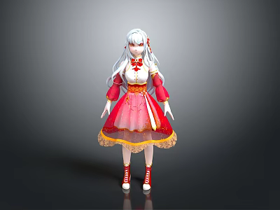 Anime 3D Character Model With White Hair Red White Dress Golden Trim And Red Shoes 3d model
